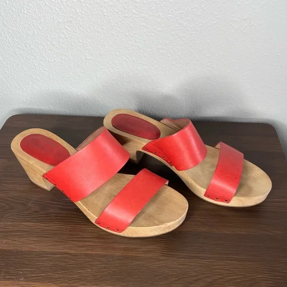 Madewell Lipstick Red Double Strap Leather Wood Clara Clog Heeled Sandal - Picture 4 of 14